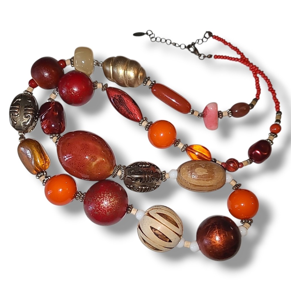 Vintage EsMor Chunky Wood Acrylic Bead Necklace Orange Red Statement 32"